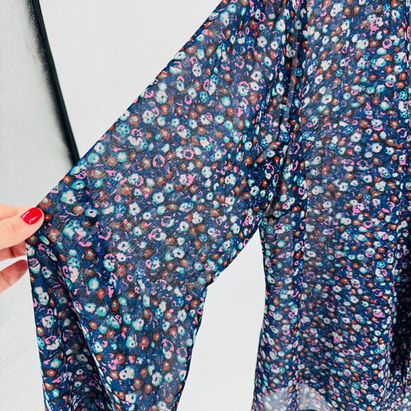 Boden Dark Sheer Floral Tie Neck Blouse Multicolor Long Sleeve Black Size US 14 - Picture 7 of 9